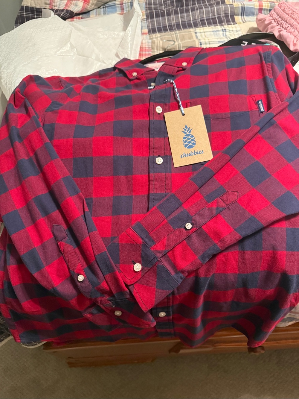 chubbies Red and Navy Plaid Button-Down Shirt